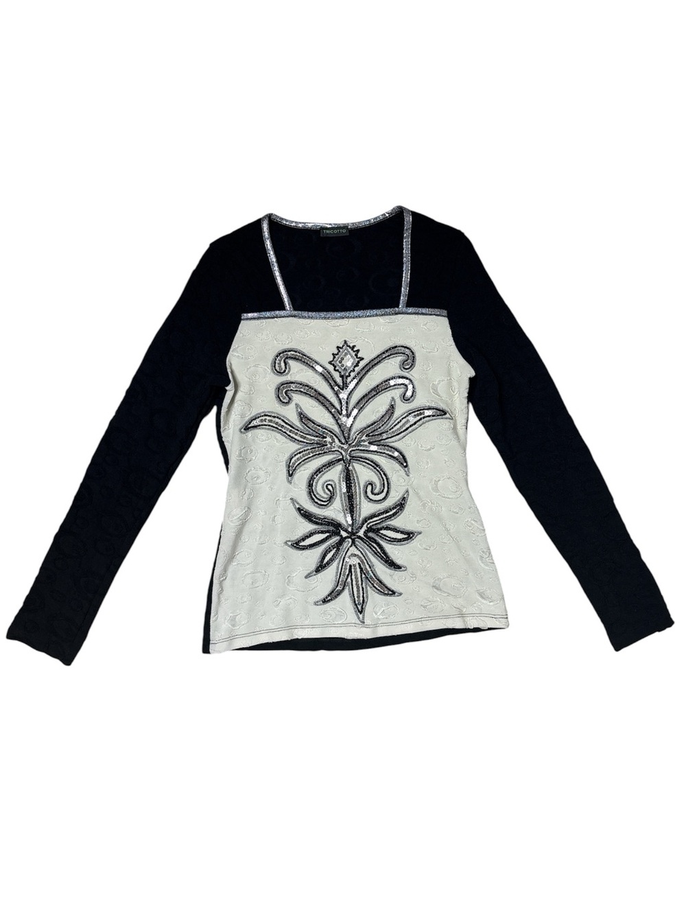 ⭐️ Tricotto Black Long Sleeve Top with White Beaded Front Panel